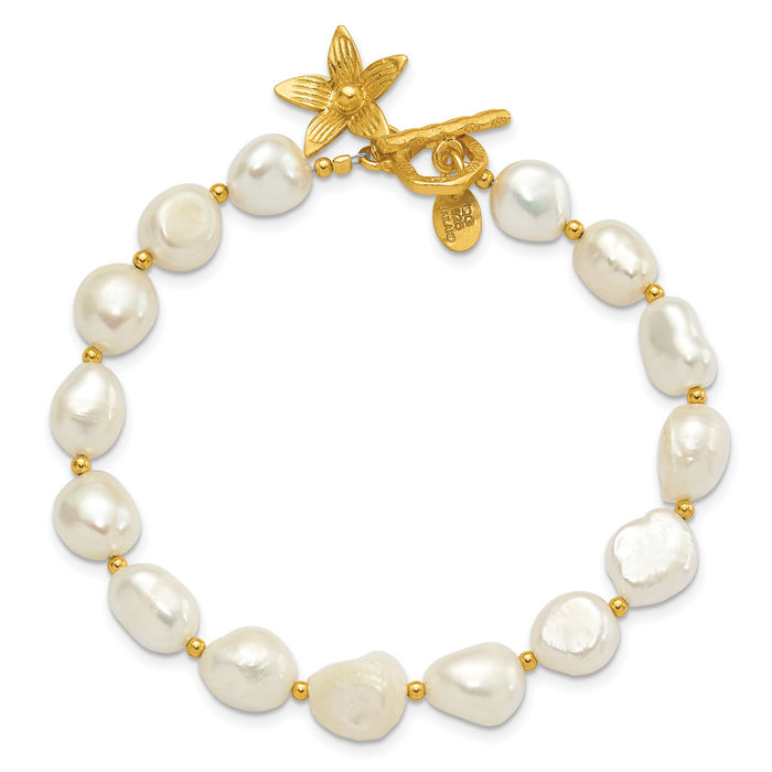 925 Sterling Silver Gold Plated Freshwater Cultured Pearl Flower Chain Charm Bracelet Toggle Clasp