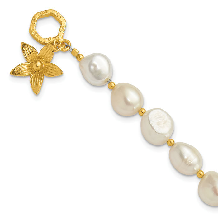 925 Sterling Silver Gold Plated Freshwater Cultured Pearl Flower Chain Charm Bracelet Toggle Clasp