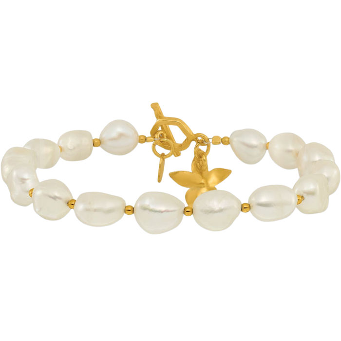 925 Sterling Silver Gold Plated Freshwater Cultured Pearl Flower Chain Charm Bracelet Toggle Clasp