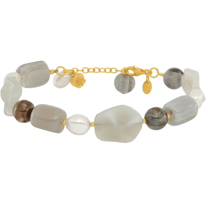 925 Sterling Silver Gold Plated Freshwater Cultured Pearl/agate/sardonyx Chain Bracelet