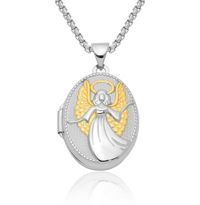 925 Sterling Silver Gold Plated Guardian Angel Wings Oval Personalized Photo Locket Necklace Picture Pendant Charm