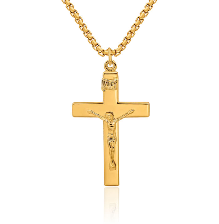 925 Sterling Silver Gold Plated Inri Lord Jesus Christ Crucifix Holy Cross Necklace Religious Chain Pendant Charm