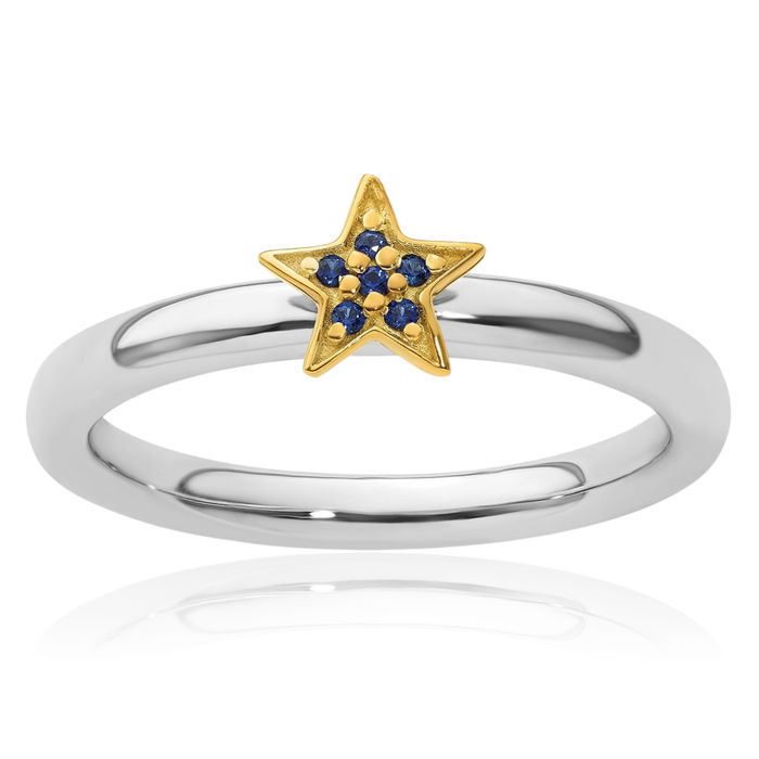 925 Sterling Silver Gold Plated Lab Blue Sapphire Star Stacking Ring Gemstone Band September Birthstone Jewelry