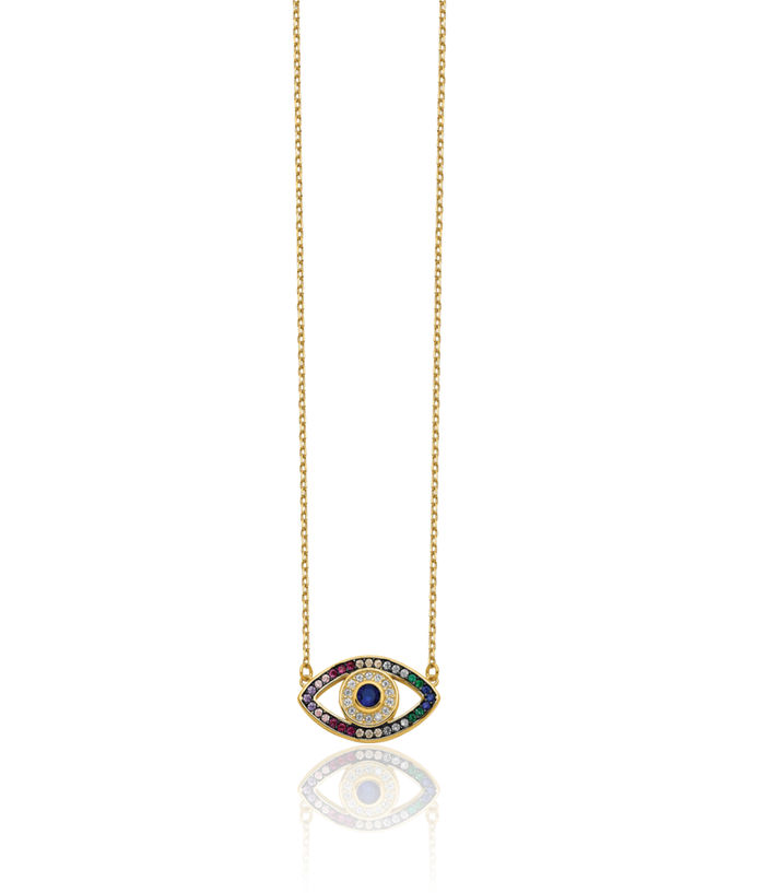 925 Sterling Silver Gold Plated Multi-color Cubic Zirconia CZ Hamsa Hand of Fatima Evil Eye Protection Good Luck Blue Chain Necklace