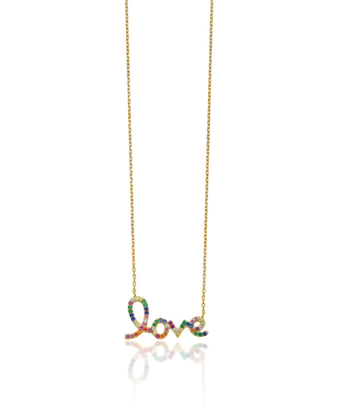 925 Sterling Silver Gold Plated Multi-color Cubic Zirconia CZ Love Chain Necklace