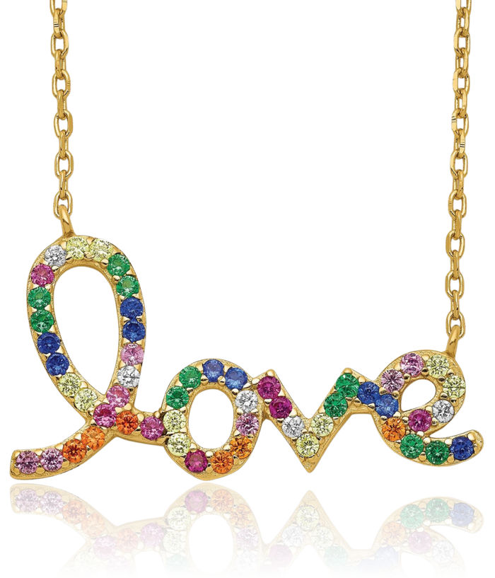 925 Sterling Silver Gold Plated Multi-color Cubic Zirconia CZ Love Chain Necklace