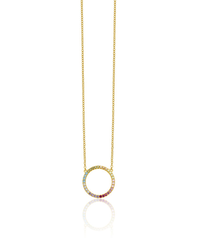 925 Sterling Silver Gold Plated Multi-color Cubic Zirconia CZ Circle Round Geometric Chain Necklace