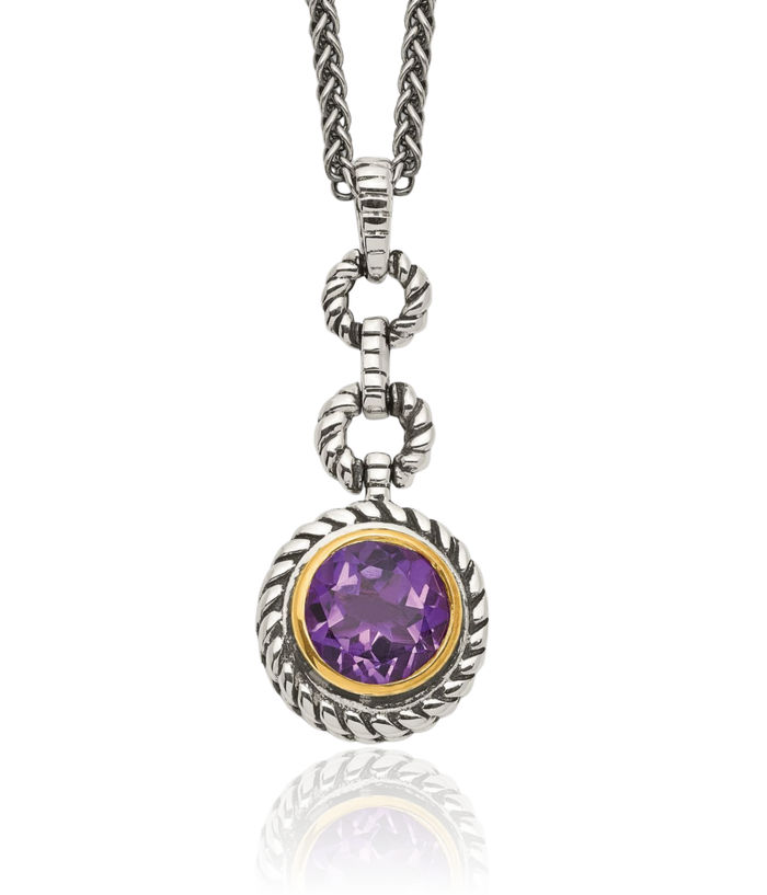 925 Sterling Silver Gold Plated Vintage Round Purple Amethyst Chain Necklace Gemstone Pendant Charm