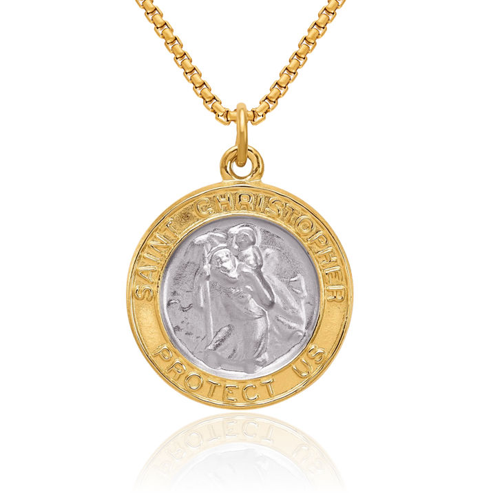 925 Sterling Silver Gold Plated Saint Christopher Medal Patron of Travelers Athletes Protection Necklace Christian Religious Chain Pendant Faith Charm