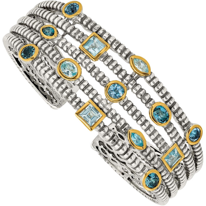 925 Sterling Silver Gold Plated Vintage Sky Blue Swiss London Topaz Cuff Bracelet