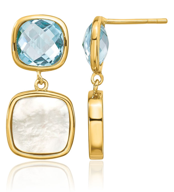 925 Sterling Silver Gold Plated Swiss Blue Topaz Mother of Pearl Post Drop Dangle Earrings