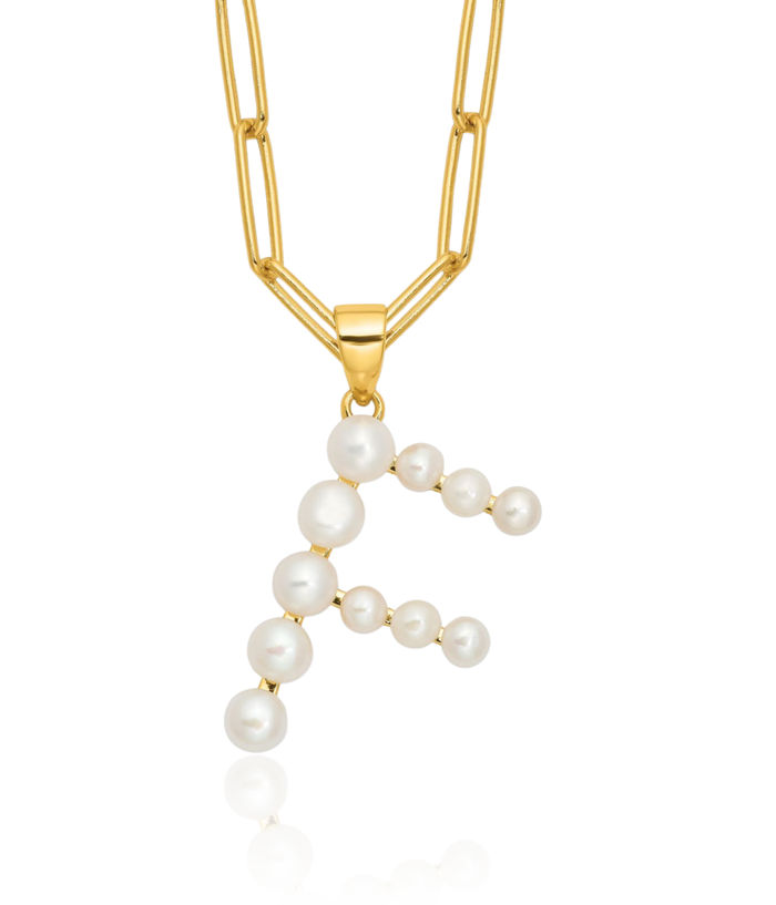 925 Sterling Silver Gold Plated White Button Freshwater Cultured Pearl Dainty Letter F Initial Name Monogram Necklace Chain