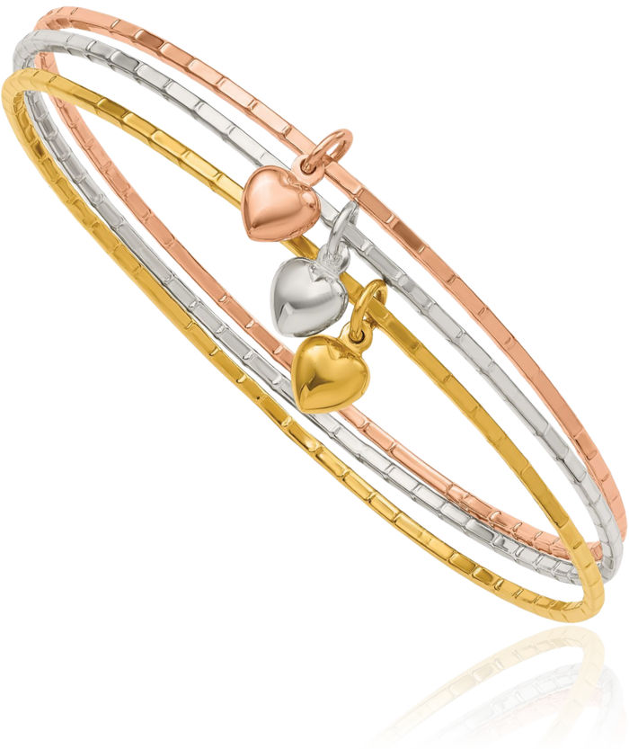 925 Sterling Silver Gold Rose Tone Heart Bangle Charm Bracelet Set