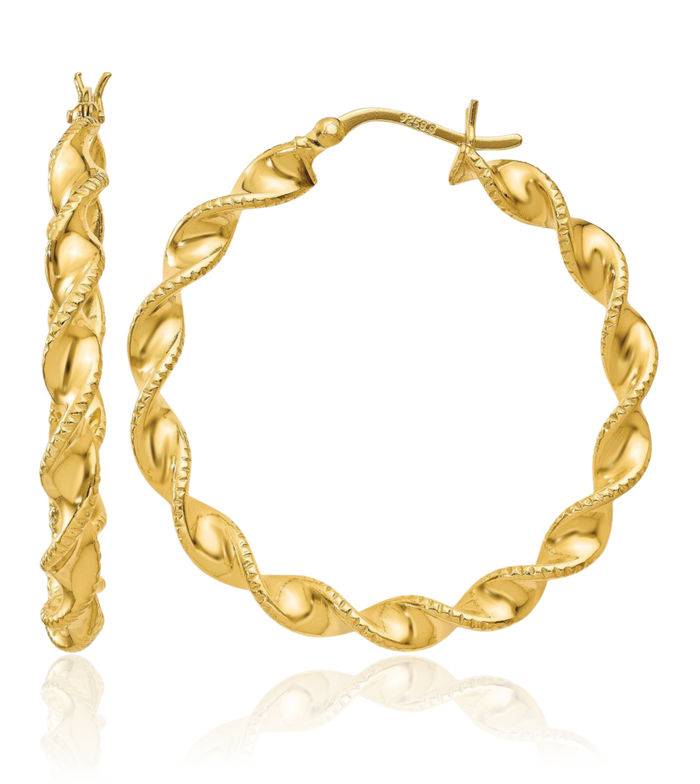 925 Sterling Silver Gold Twisted Round Medium Hoop Earrings