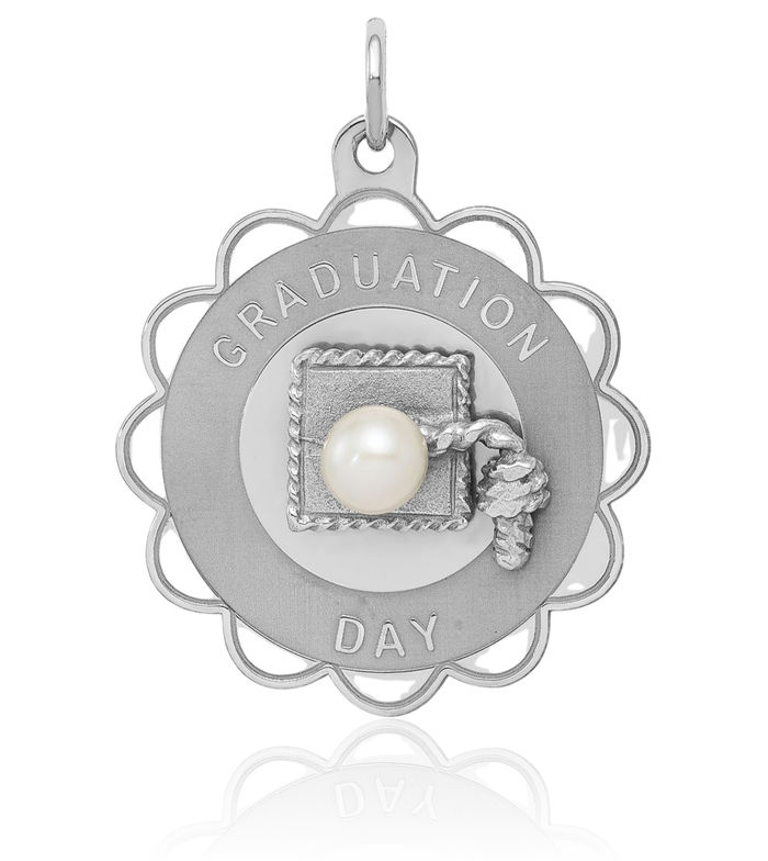 925 Sterling Silver Graduation Day Disc Freshwater Cultured Pearl Necklace Chain Pendant Charm