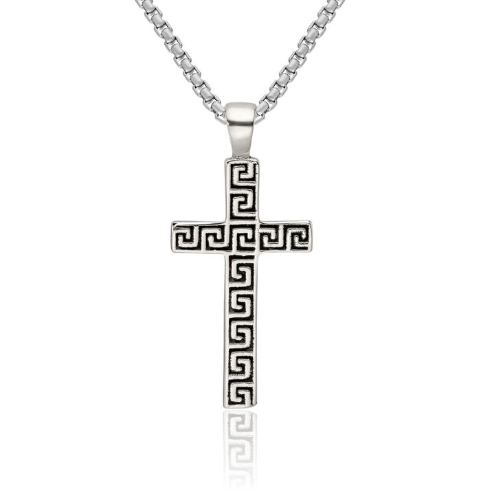 925 Sterling Silver Vintage Greek Key Latin Mexican Holy Cross Necklace Religious Chain Pendant Jesus Christ Christian Charm