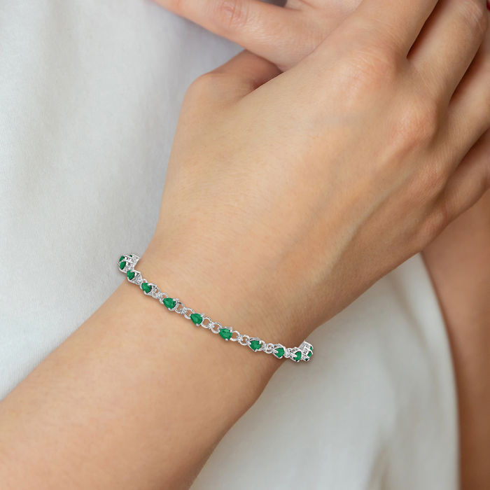 925 Sterling Silver Green Emerald Diamond Chain Gemstone Tennis Bracelet