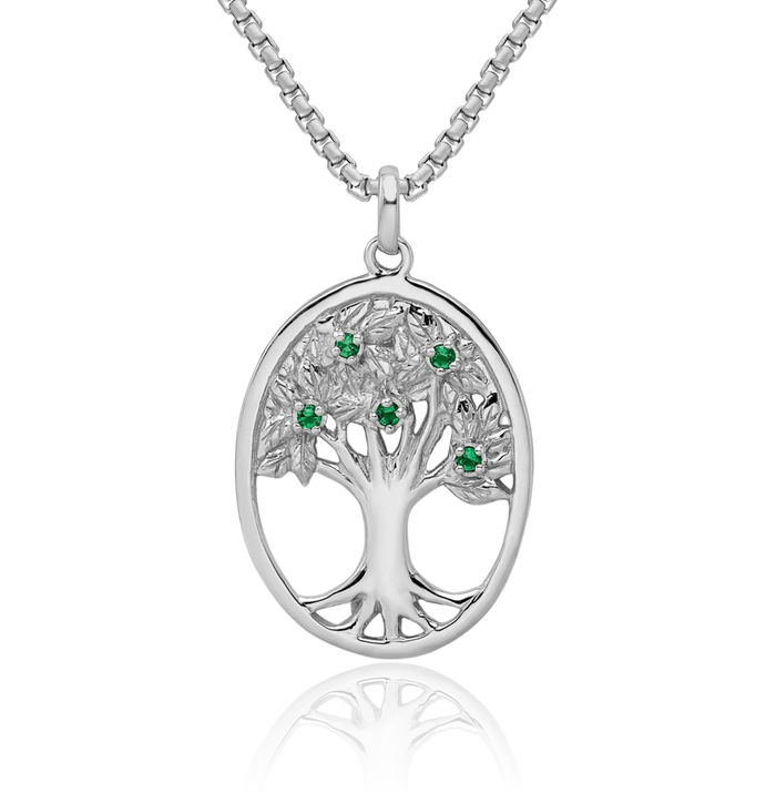 925 Sterling Silver Green Glass Buds Oval Tree of Life Necklace Chain Pendant Charm