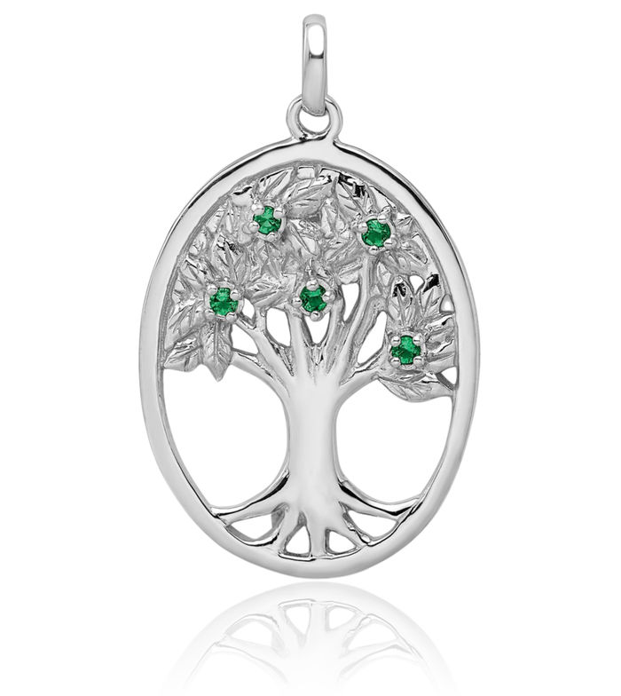 925 Sterling Silver Green Glass Buds Oval Tree of Life Necklace Chain Pendant Charm