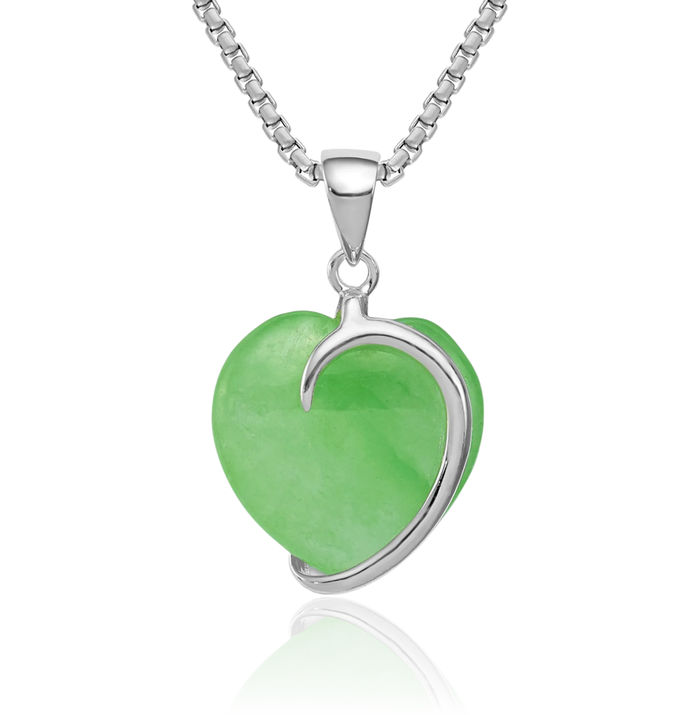 925 Sterling Silver Green Jade Heart Necklace Love Pendant Charm