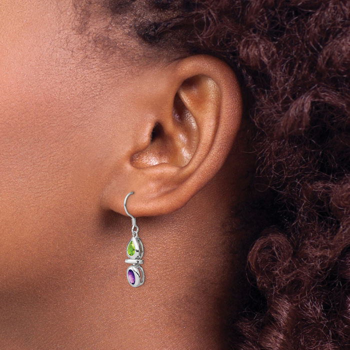 925 Sterling Silver Green Peridot Purple Amethyst Drop Dangle Earrings Pear Teardrop Gemstone