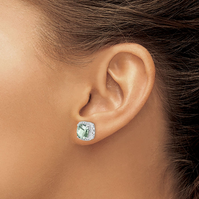 925 Sterling Silver Green Quartz Diamond Stud Earrings August Birthstone Jewelry