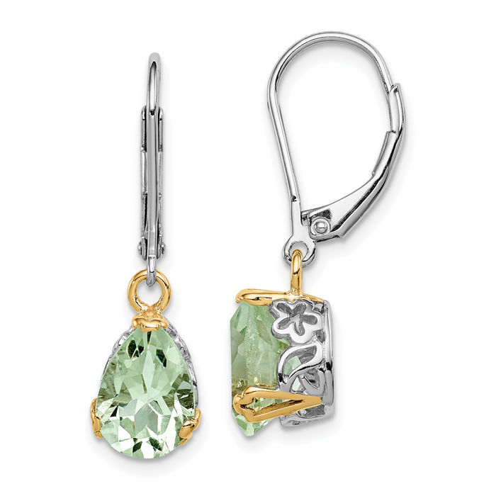 925 Sterling Silver Green Quartz Drop Dangle Earrings Pear Teardrop Gemstone