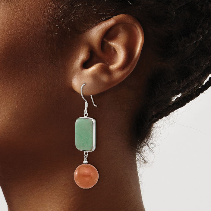925 Sterling Silver Green Red Aventurine Drop Dangle Earrings