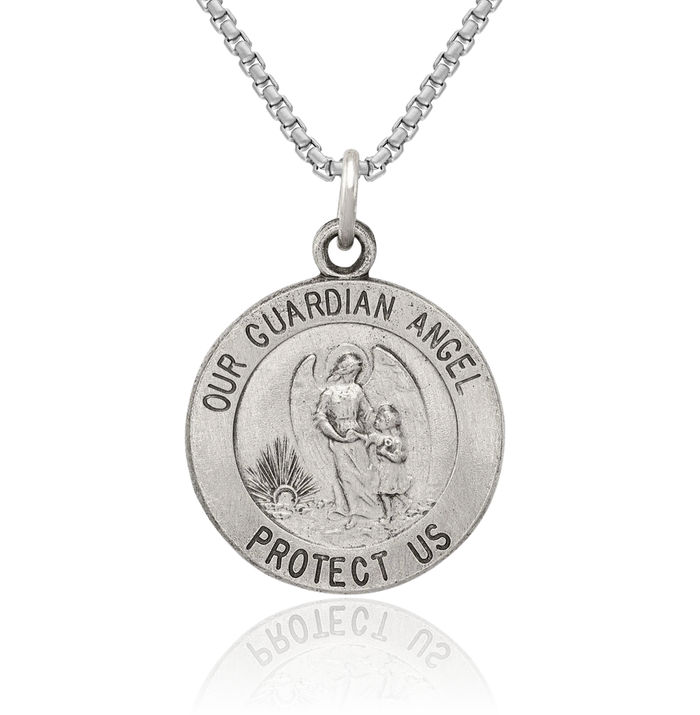 925 Sterling Silver Vintage Guardian Angel Wings Medal Necklace Protect Us Cherub Pendant Religious Charm