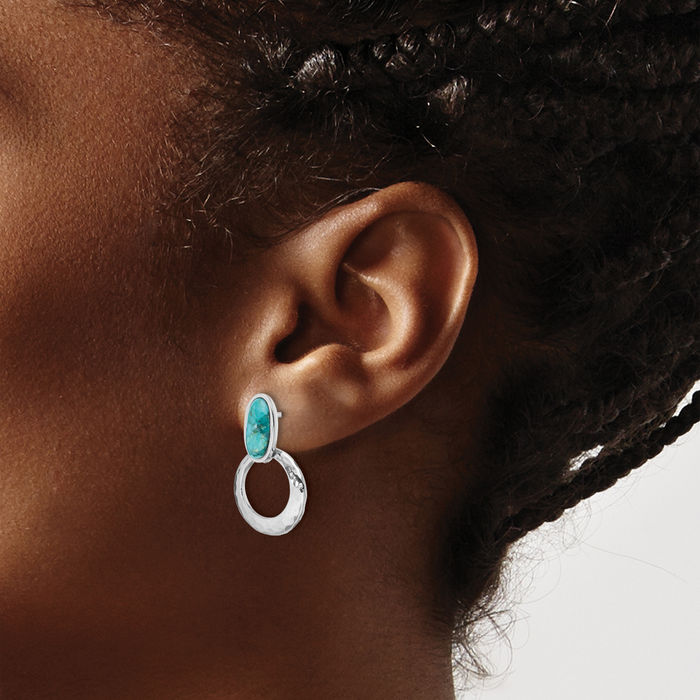 925 Sterling Silver Hammered Blue Turquoise Post Drop Dangle Earrings