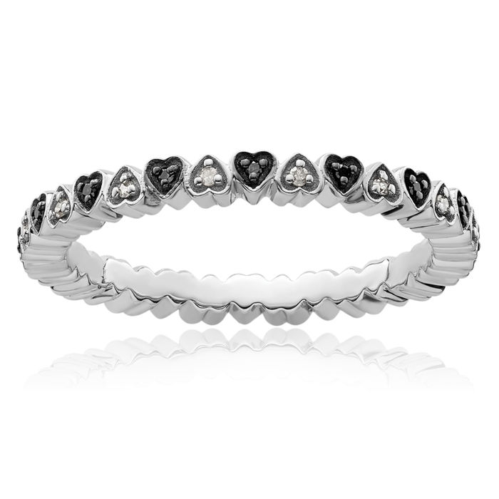 925 Sterling Silver Heart Black White Diamond Stacking Ring