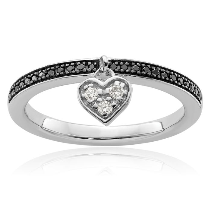 925 Sterling Silver Heart Black White Diamond Stacking Ring