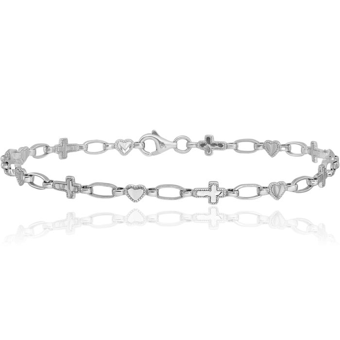 925 Sterling Silver Heart Holy Cross Chain Charm Bracelet