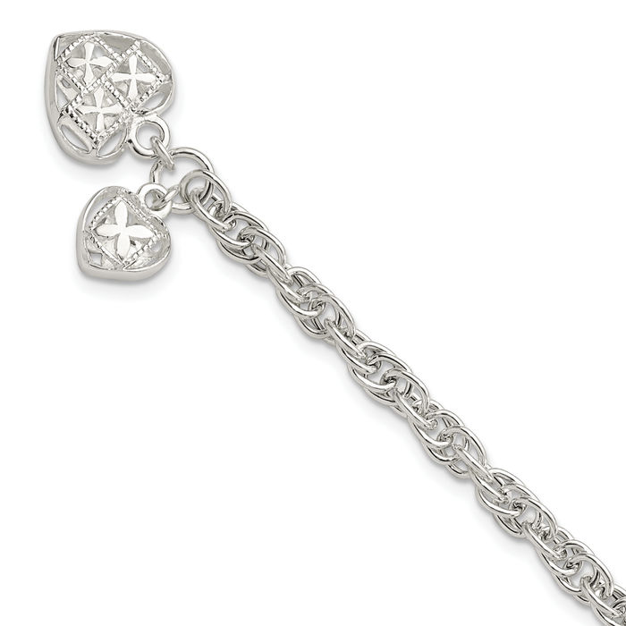 925 Sterling Silver Heart Dangling Chain Charm Bracelet