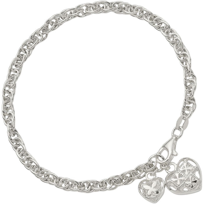 925 Sterling Silver Heart Dangling Chain Charm Bracelet