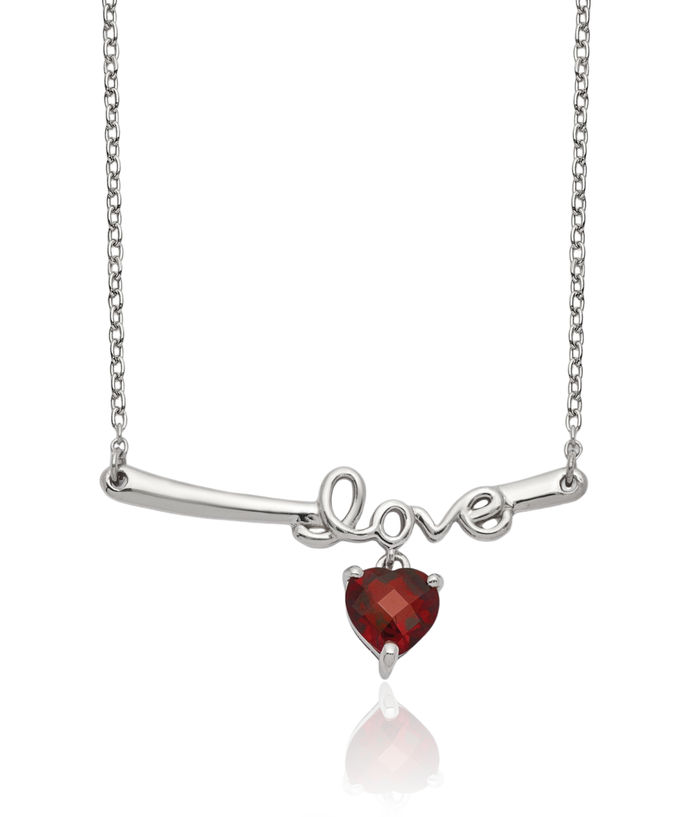 925 Sterling Silver Heart Red Garnet Love Chain Bar Necklace