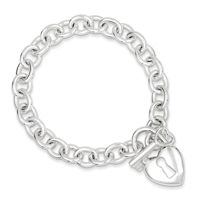 925 Sterling Silver Heart Key Chain Charm Bracelet