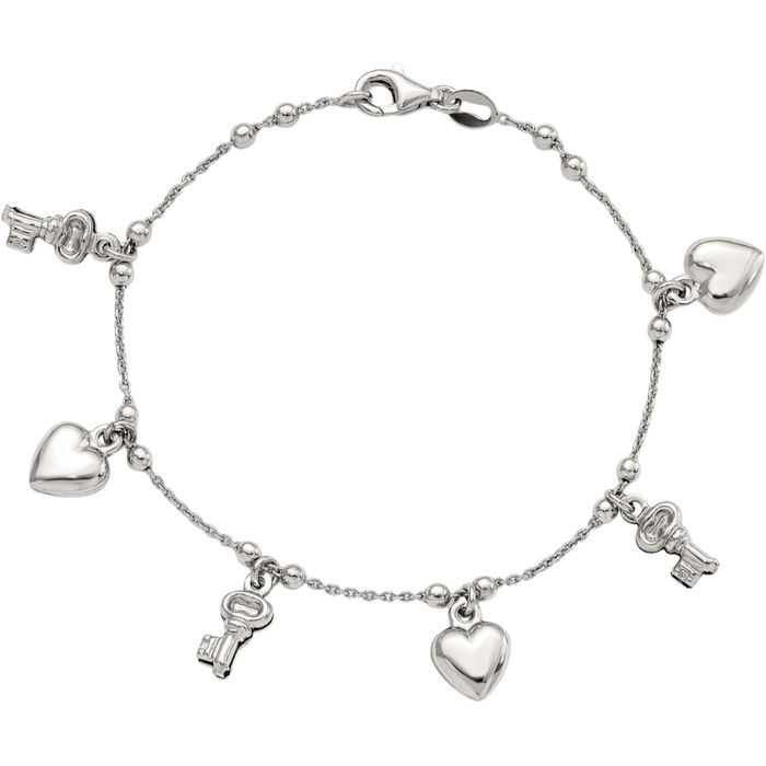 925 Sterling Silver Heart Key Dangling Chain Charm Bracelet