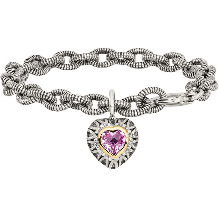 925 Sterling Silver Vintage Heart Lab Pink Sapphire Charm Bracelet