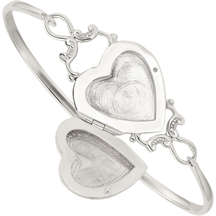 925 Sterling Silver Heart Locket Flexible Bangle Charm Bracelet