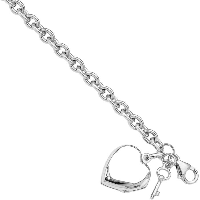 925 Sterling Silver Heart Locket Key Chain Charm Bracelet