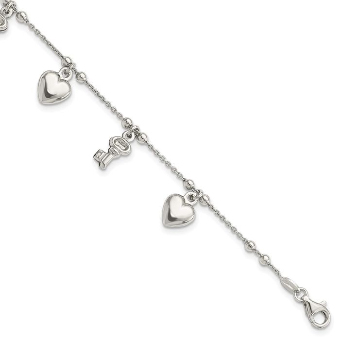 925 Sterling Silver Heart Key Dangling Chain Charm Bracelet