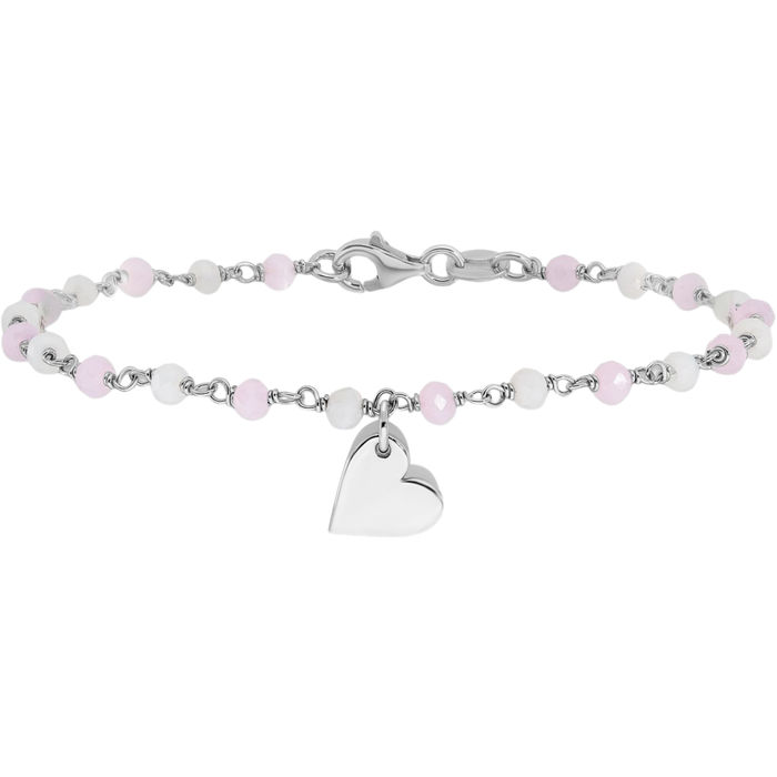 925 Sterling Silver Heart Pink White Glass Beads Chain Charm Bracelet