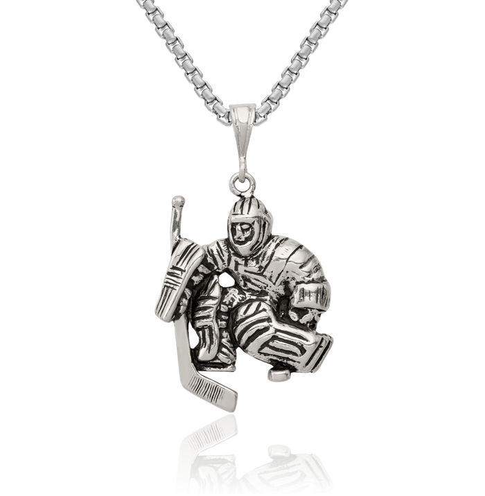 925 Sterling Silver Vintage Hockey Goalie Stick Puck Glove Player Necklace Charm Sports Pendant