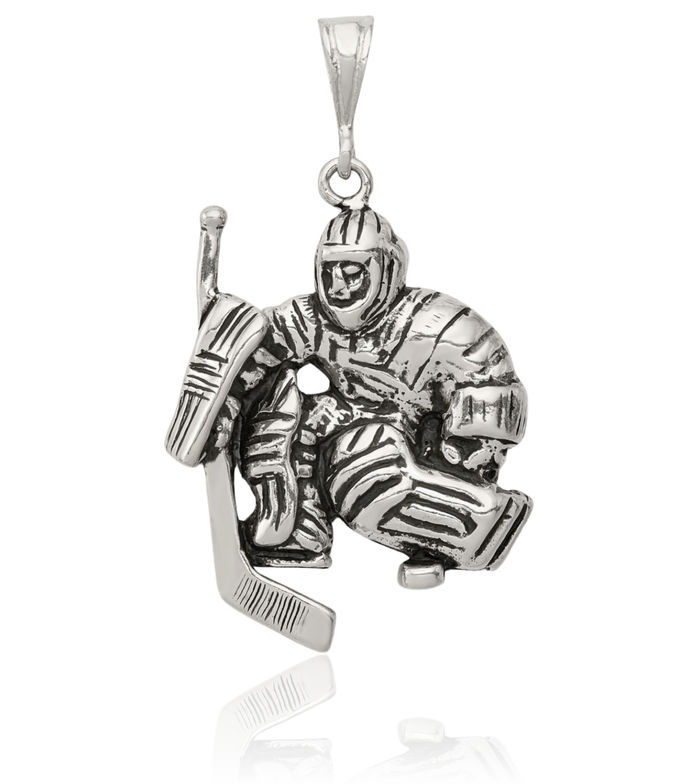 925 Sterling Silver Vintage Hockey Goalie Stick Puck Glove Player Necklace Charm Sports Pendant