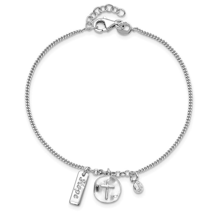 925 Sterling Silver Holy Cross Hope Cubic Zirconia CZ Chain Charm Bracelet