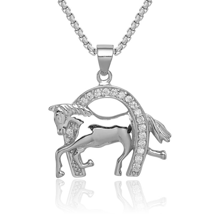 925 Sterling Silver Horse Head Lucky Horseshoe Cubic Zirconia CZ Necklace Animal Lover Pendant Equestrian Charm