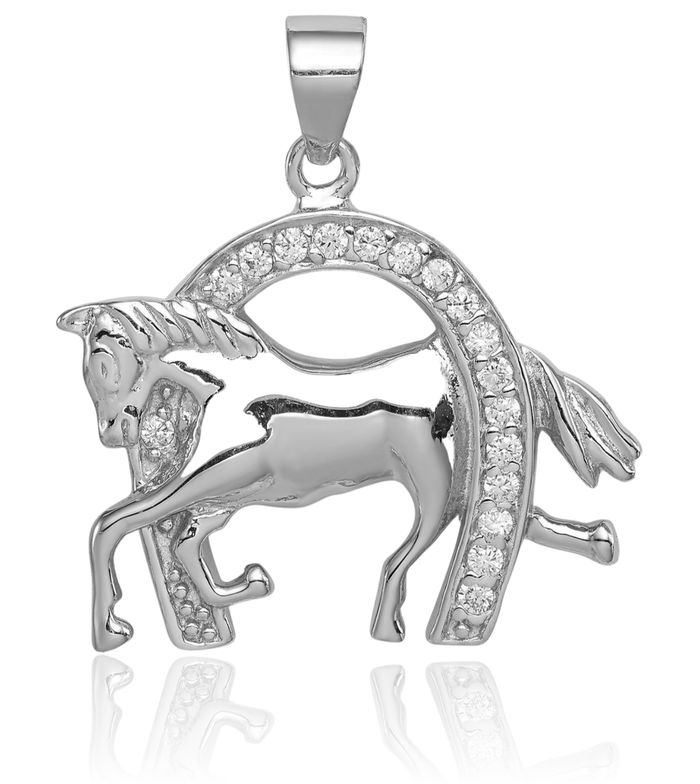 925 Sterling Silver Horse Head Lucky Horseshoe Cubic Zirconia CZ Necklace Animal Lover Pendant Equestrian Charm