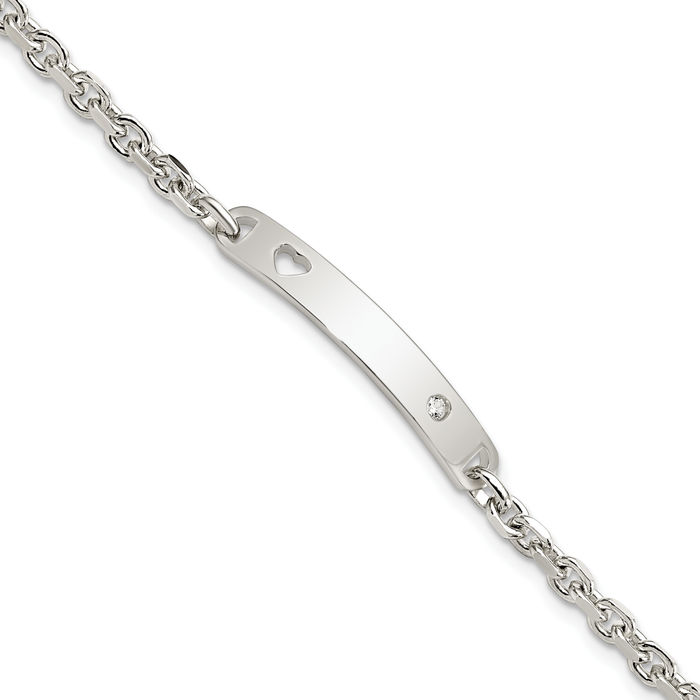 925 Sterling Silver ID Cubic Zirconia CZ Heart Chain Charm Bracelet