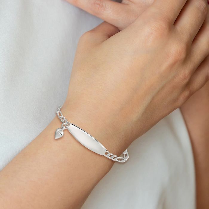 925 Sterling Silver ID Heart Figaro Link Chain Charm Bracelet